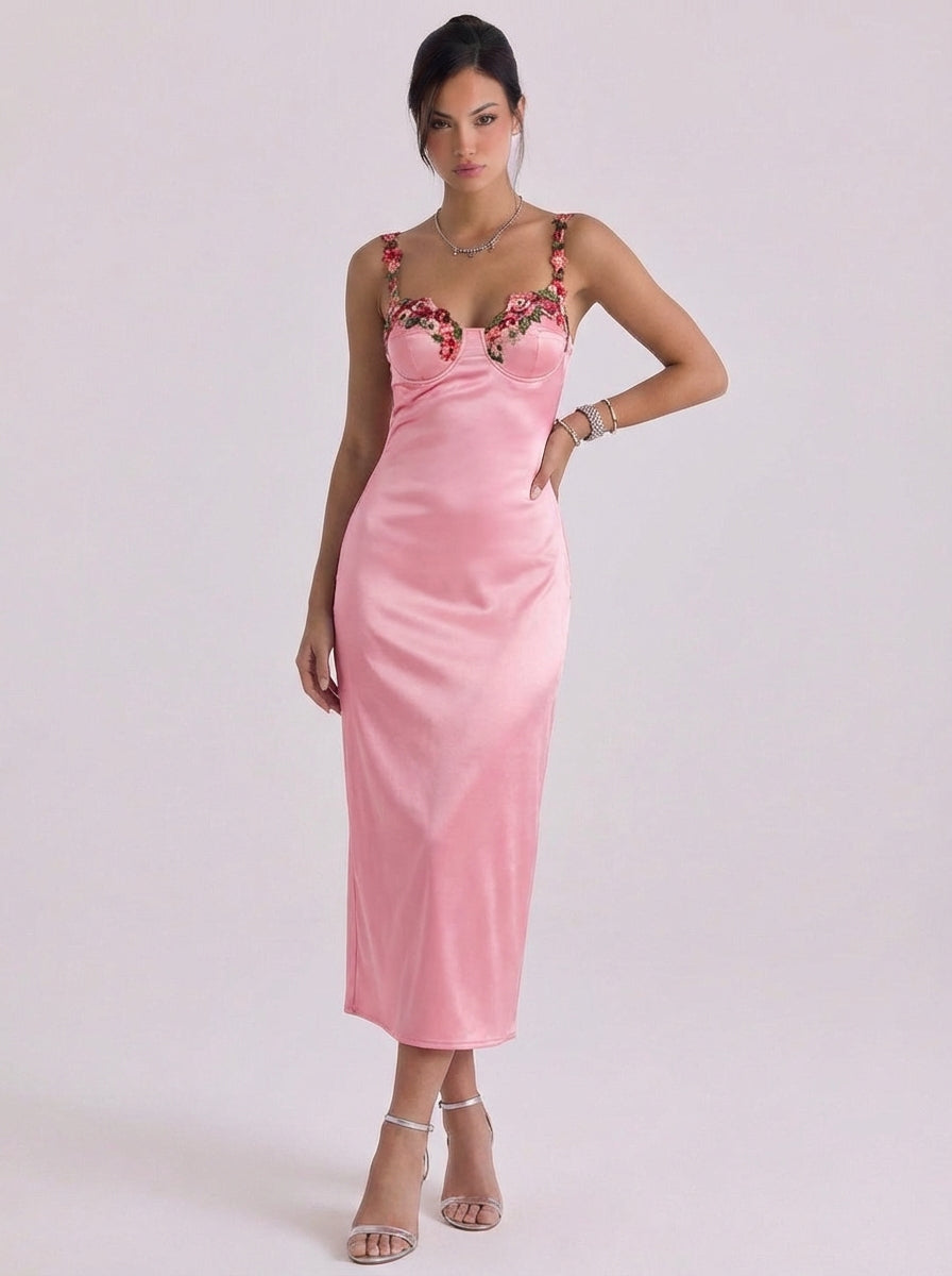 Slip-Midikleid aus Satin mit Blumenapplikation