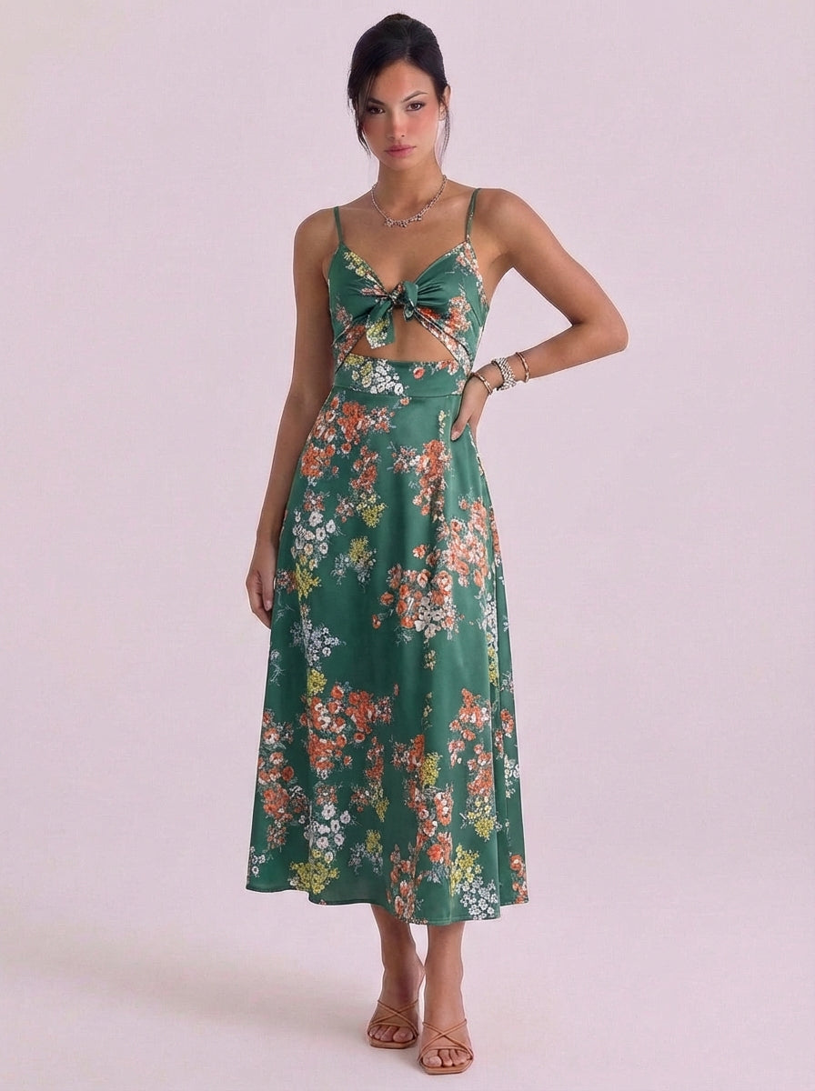 Vestido midi de satén con abertura floral y lazo en la parte delantera