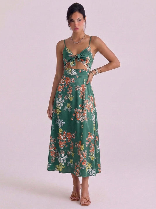 Vestido midi de satén con abertura floral y lazo en la parte delantera