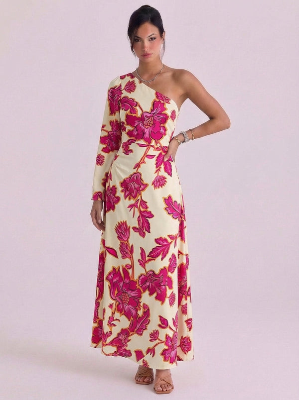 Vestido largo de satén con estampado floral y un hombro
