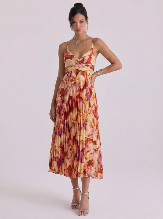 Plissee-Midikleid aus Satin mit Blumendruck