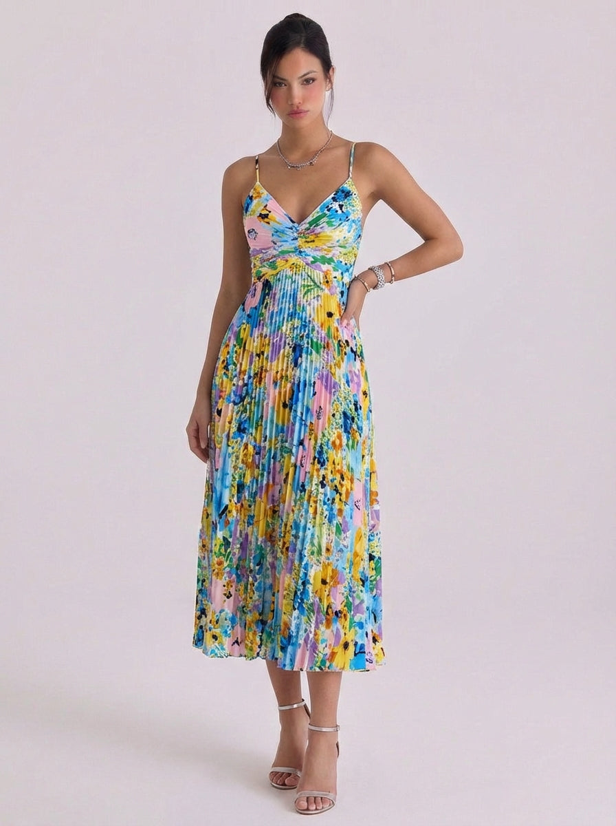 Vestido midi plisado con estampado floral de satén