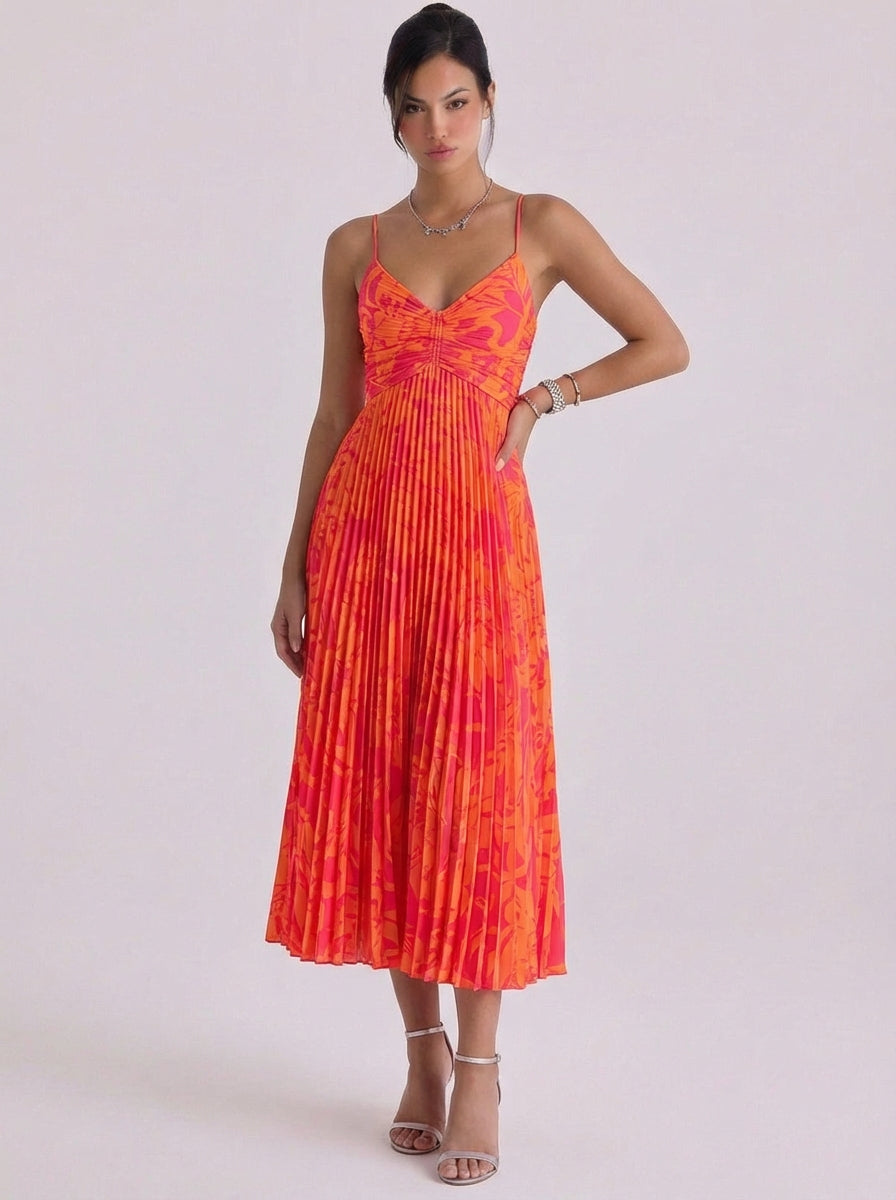 Plissee-Midikleid aus Satin mit Blumendruck