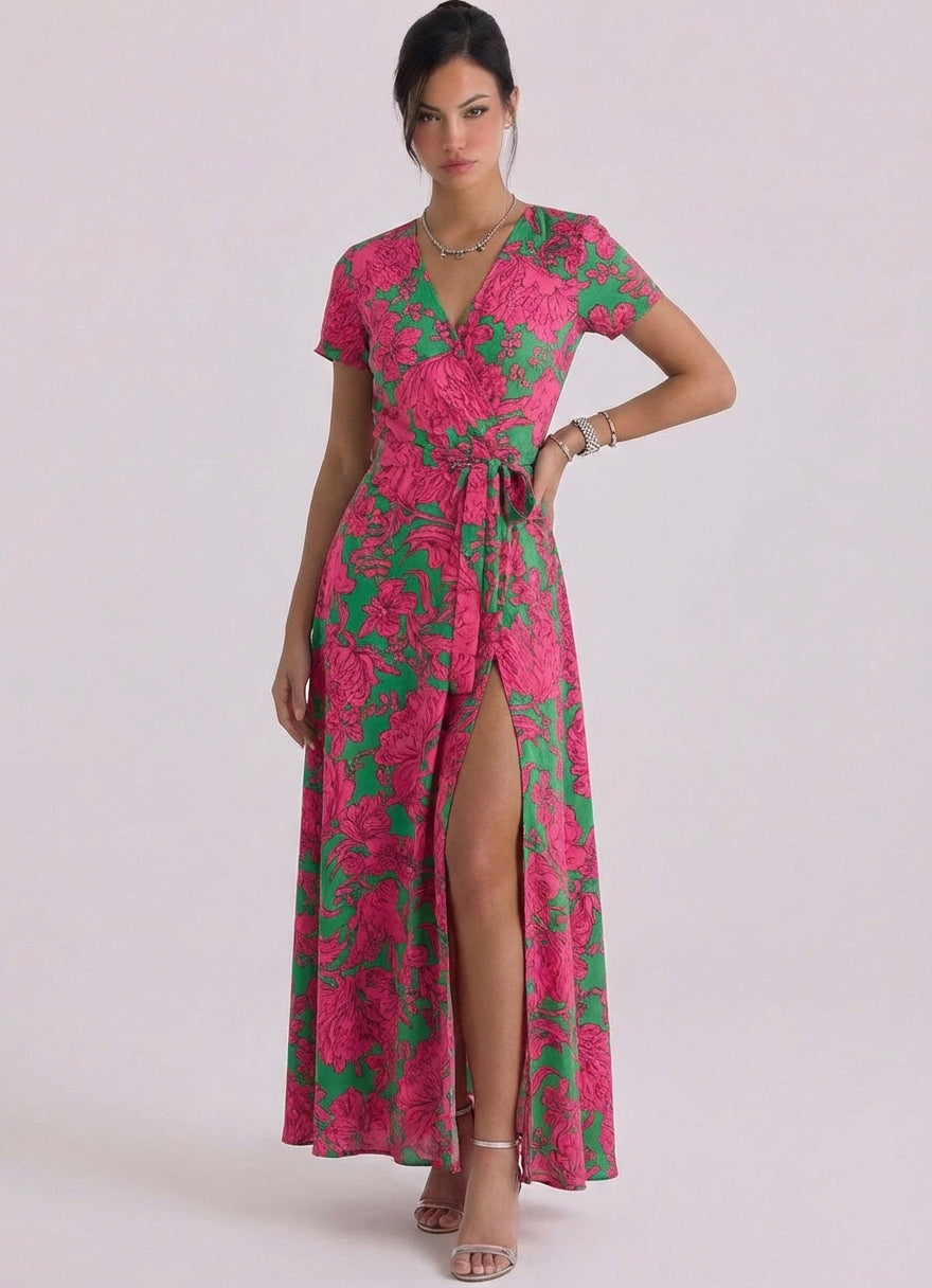 Robe longue portefeuille en satin à imprimé floral, manches courtes, taille nouée, fente haute