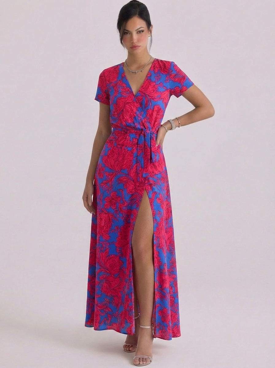 Vestido largo cruzado con estampado floral de satén Manga corta Lazada en la cintura Abertura alta