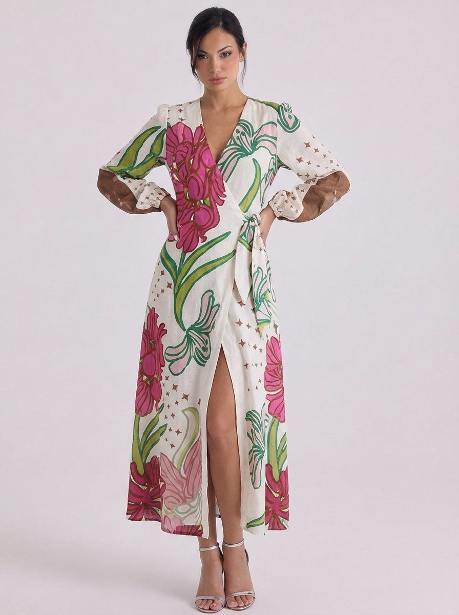 Vestido midi cruzado de satén con estampado floral y volumen