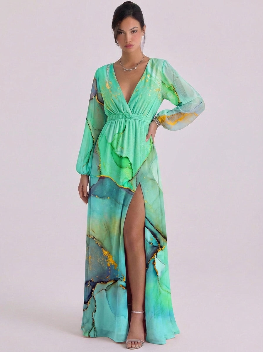 Satin-Marmor-Print, tiefes V-Maxikleid, Ballonärmel, hoher Schlitz