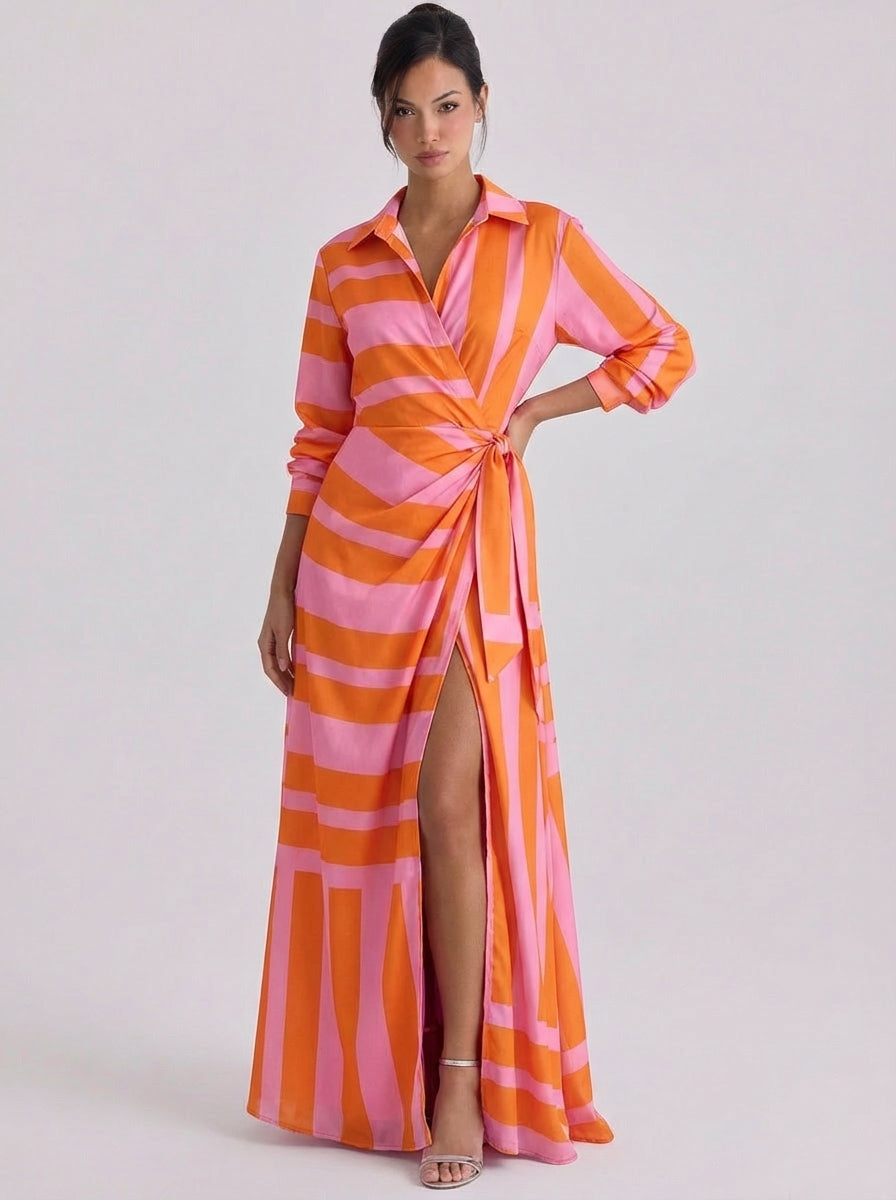 Robe longue portefeuille en satin à rayures et col imprimé, manches longues, fente haute