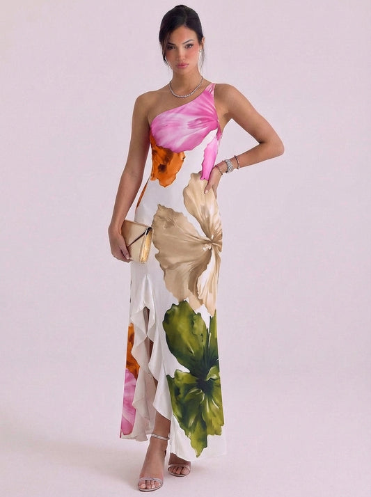 Abito lungo monospalla in raso con stampa acquerello asimmetrico