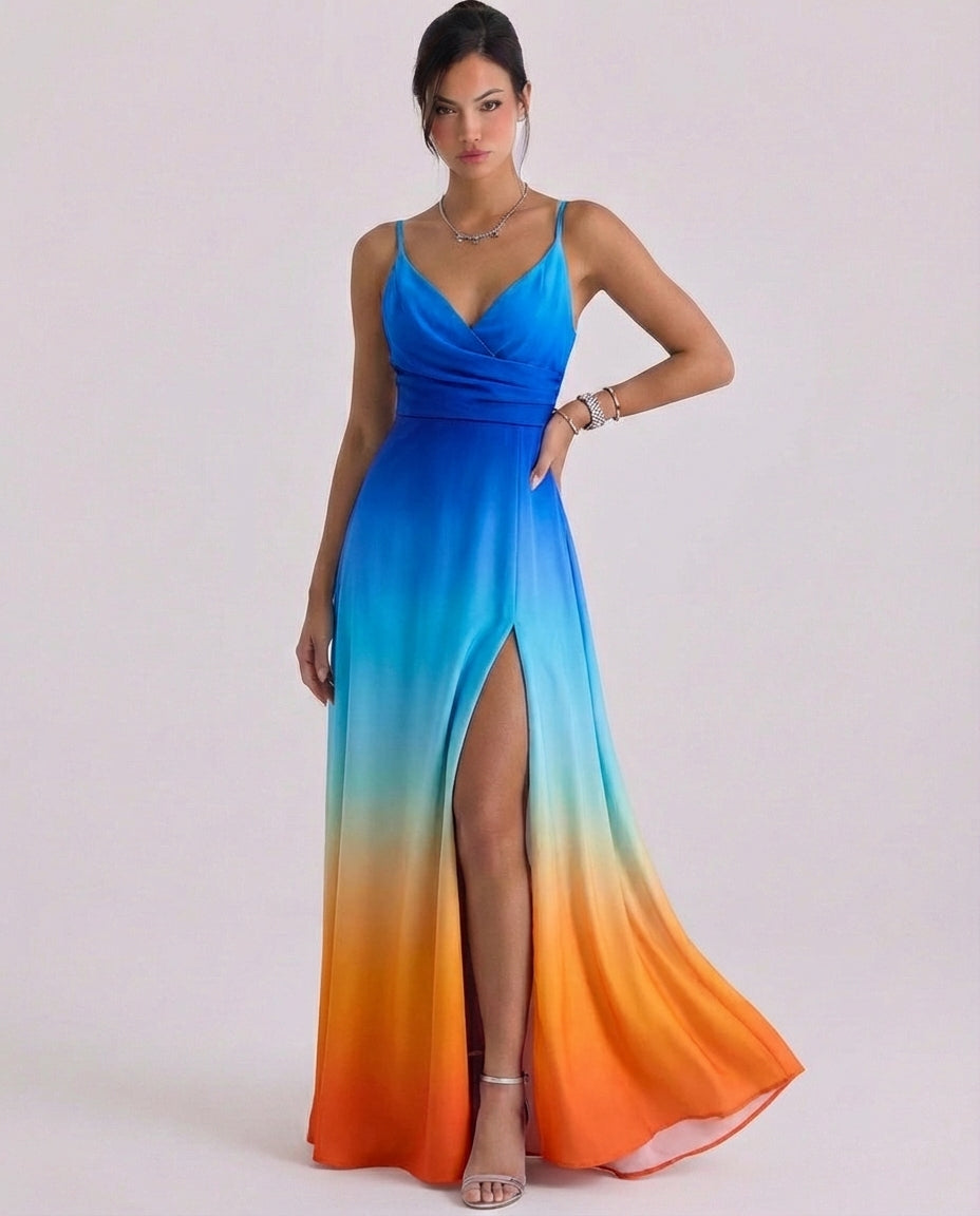 Vestido largo cruzado de satén con tirantes y abertura alta