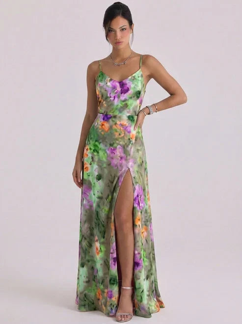 Satin-Wickelkleid mit Blumenmuster und Cami-Trägern mit hohem Schlitz