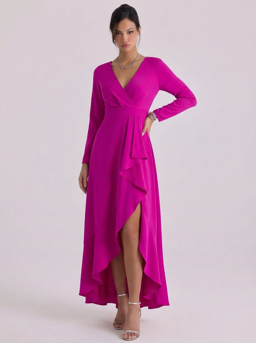 Wickel-Maxikleid aus Satin mit hohem Schlitz