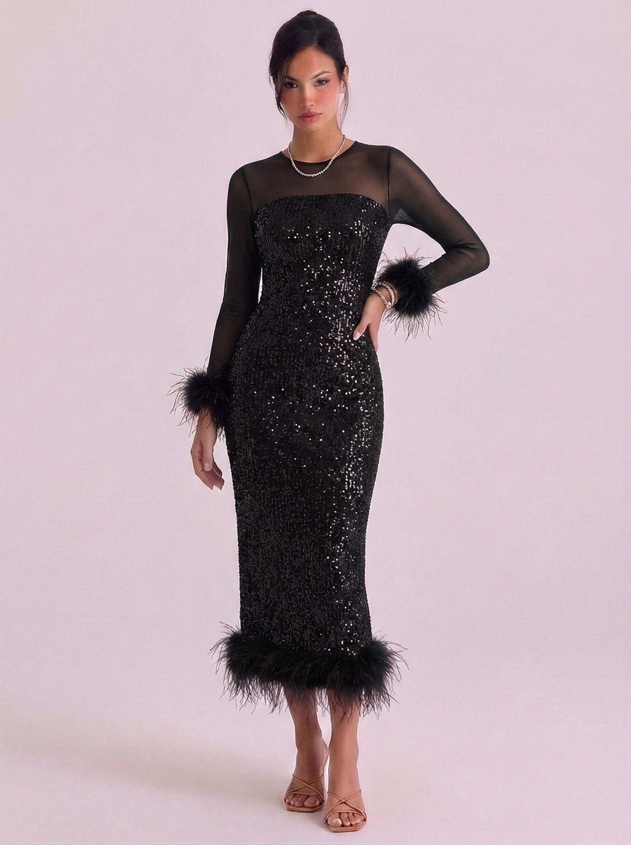 Midikleid mit Pailletten, Federbesatz und Netzstoff