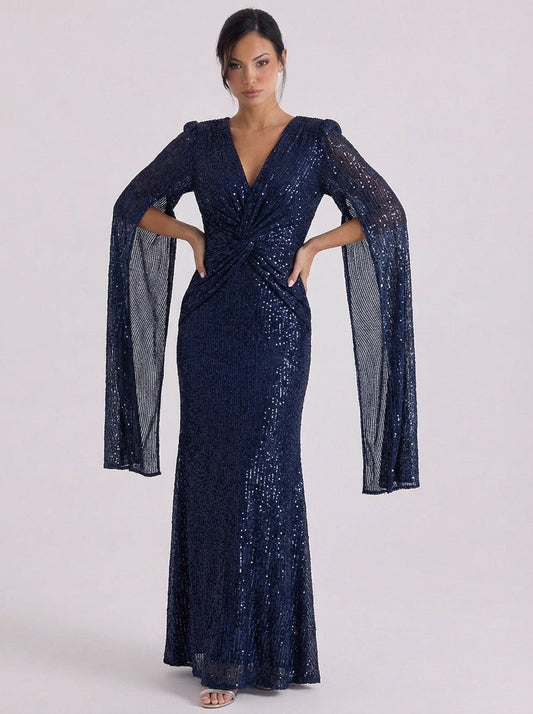 Abito maxi con paillettes sul davanti e manica a campana