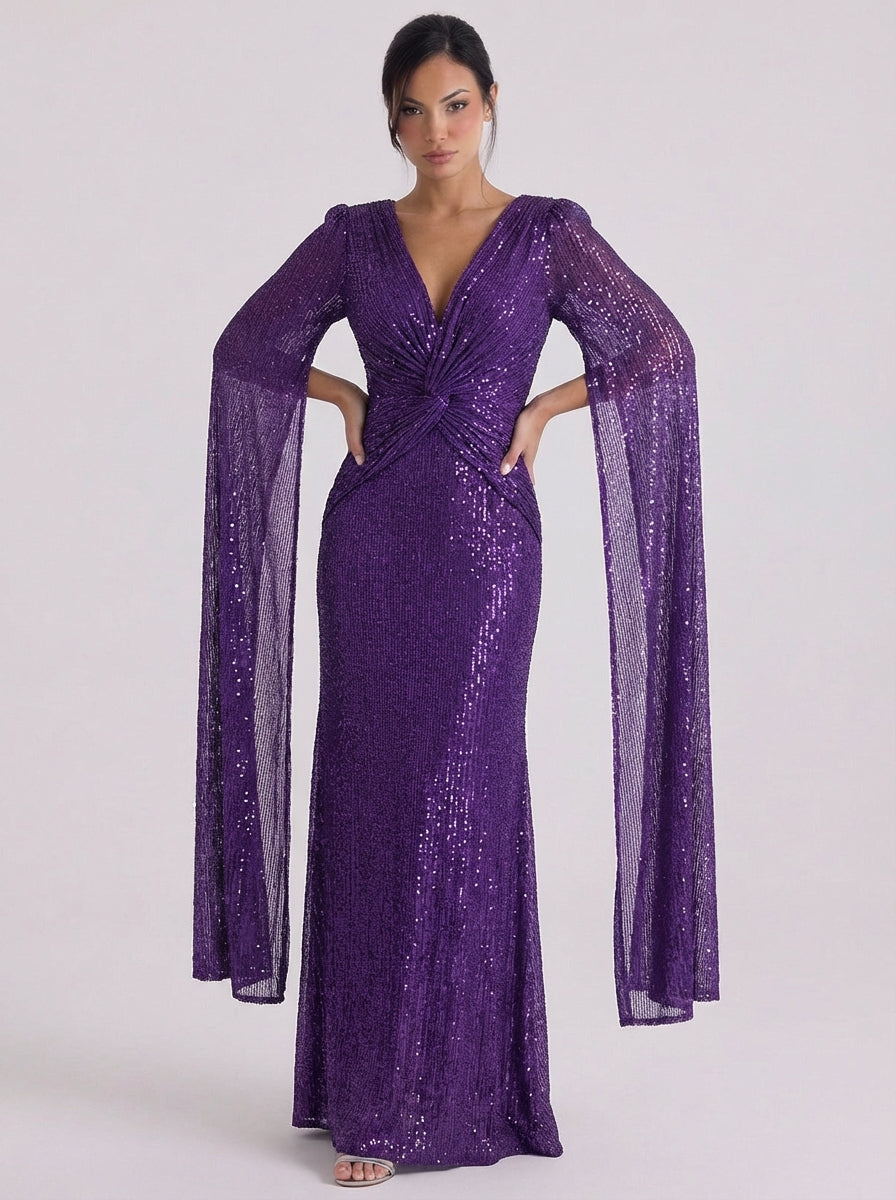 Abito maxi con paillettes sul davanti e manica a campana