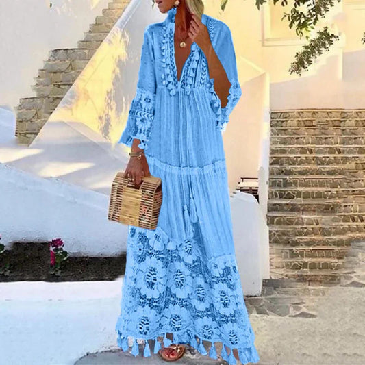 Vestido largo con borlas de encaje de crochet