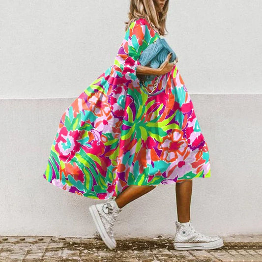 Vestido midi con estampado tropical multicolor