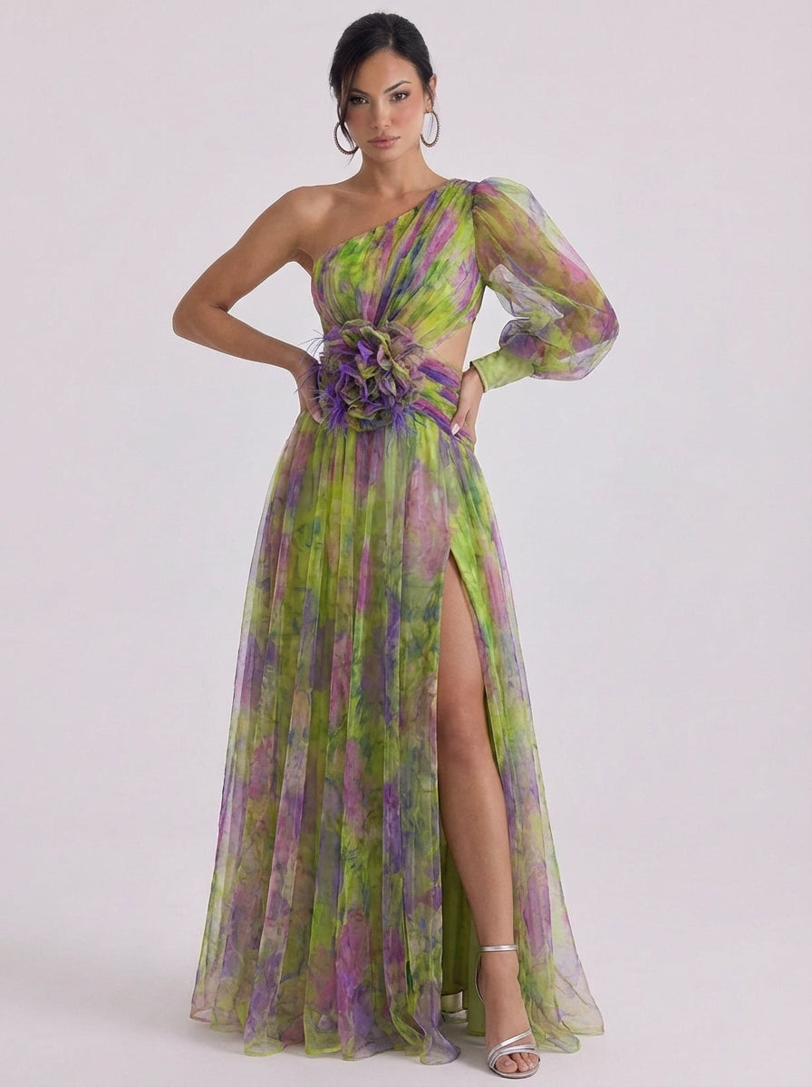 Abito maxi in tulle con una spalla e ombre con cintura a rosetta