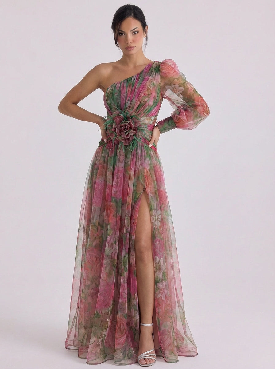 Tule één-schouder Ombre maxi-jurk met rozetriem