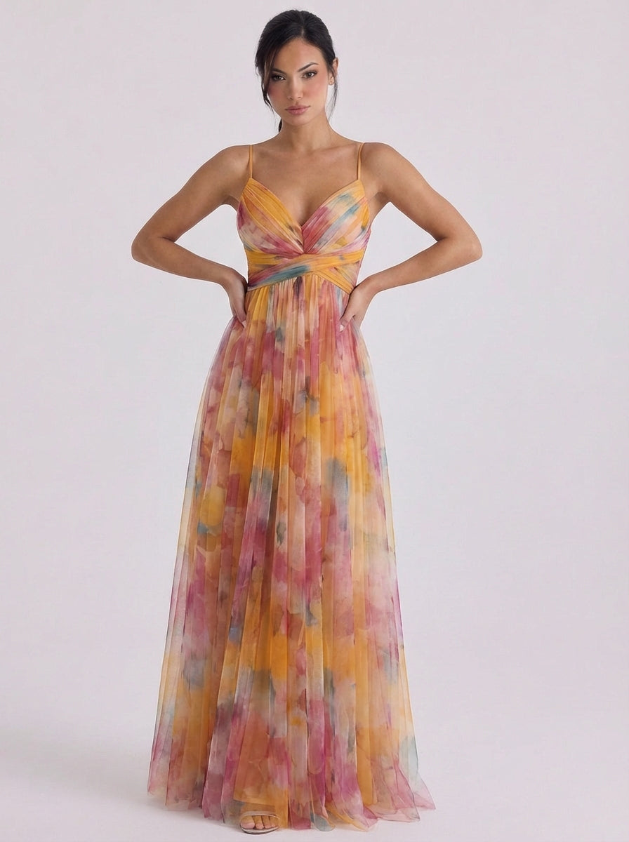 Tüll-Plissee-Ombre-Maxikleid mit überkreuzter Taille