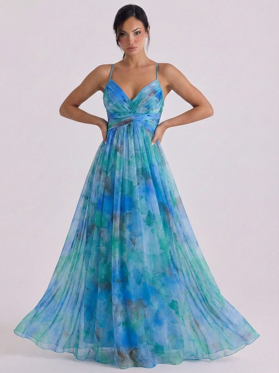 Vestido largo de tul plisado con efecto degradado y cintura cruzada