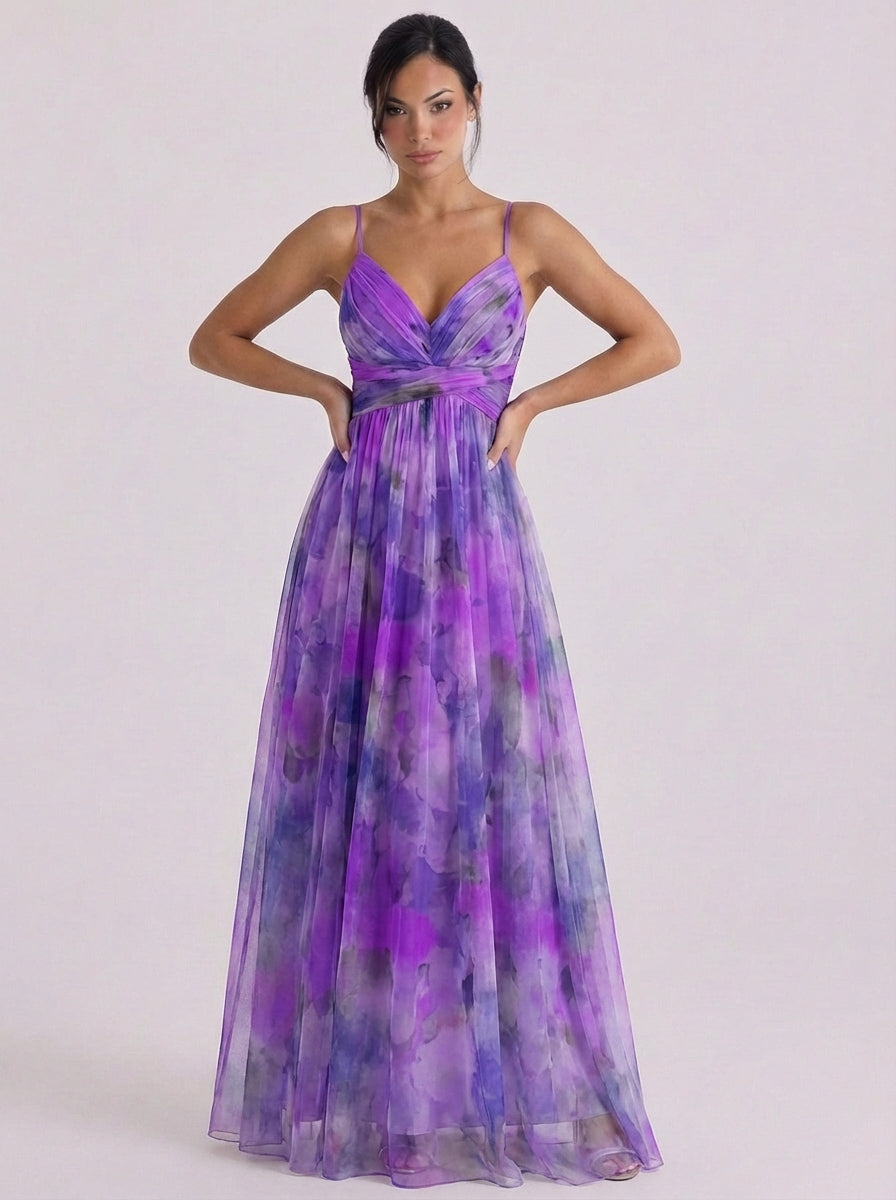 Vestido largo de tul plisado con efecto degradado y cintura cruzada