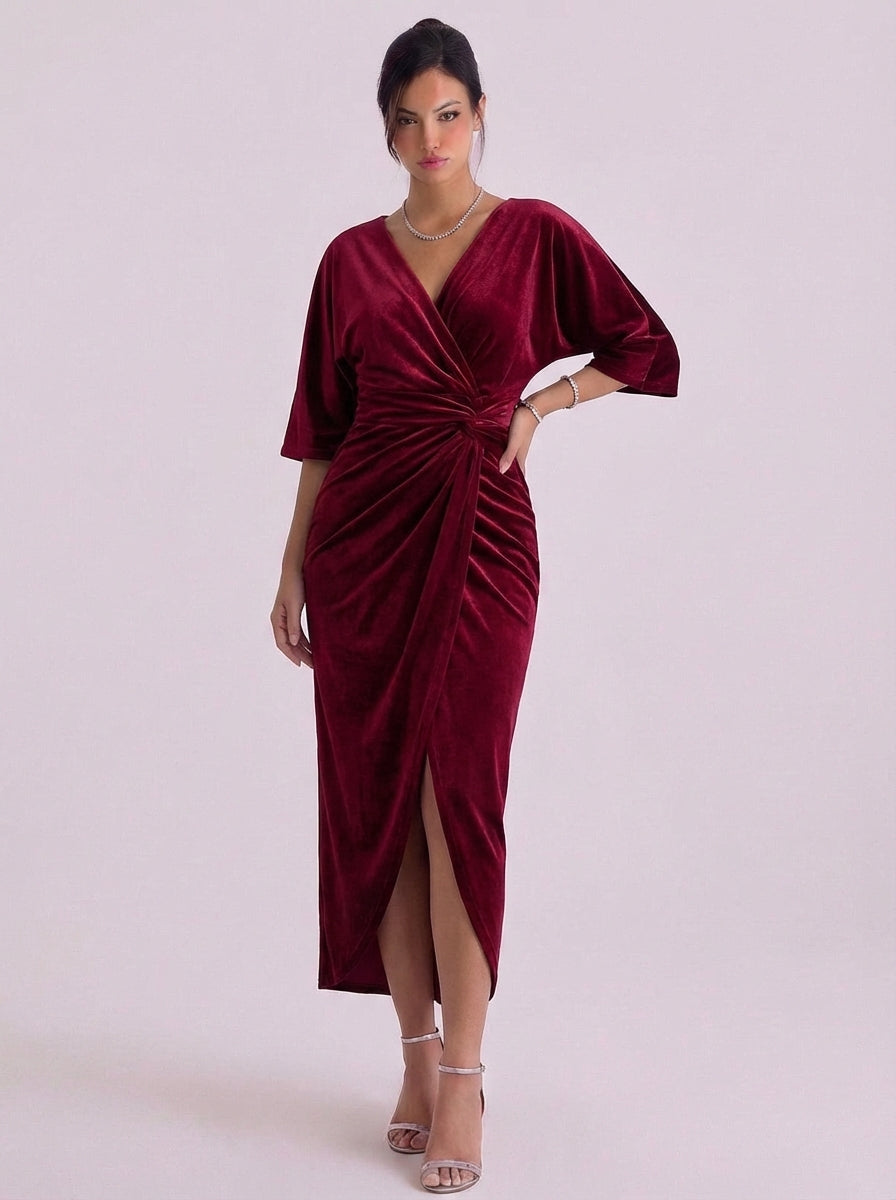 Fluwelen midi-wikkeljurk met kimono
