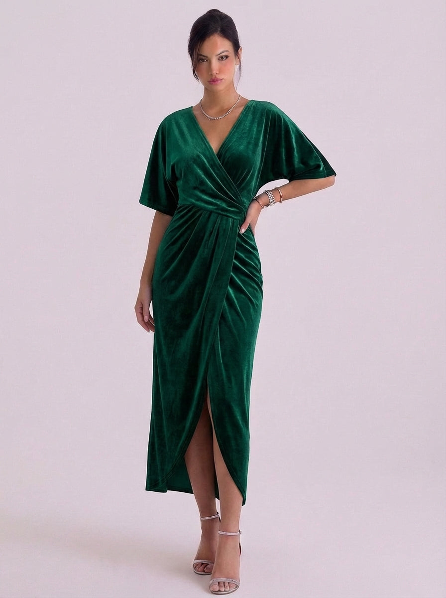 Vestido midi cruzado de terciopelo con kimono