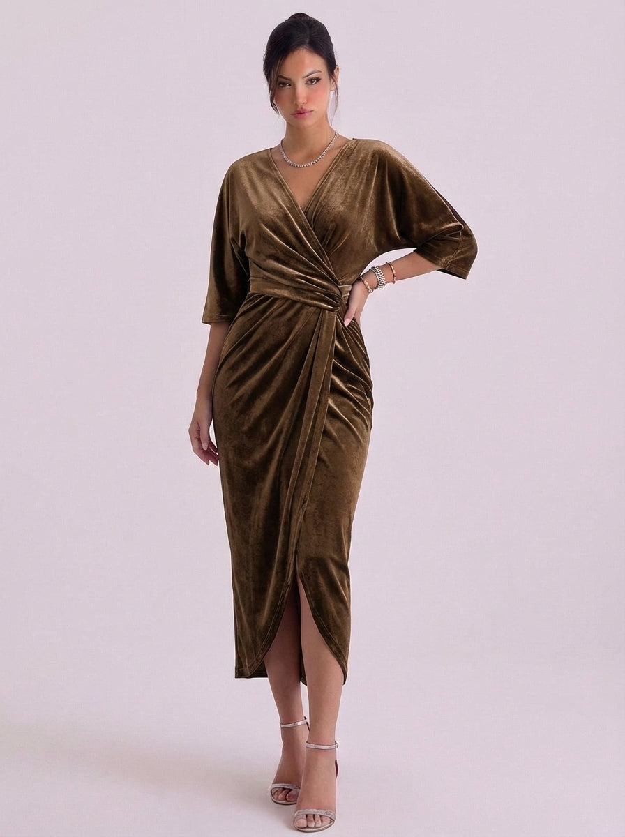Fluwelen midi-wikkeljurk met kimono