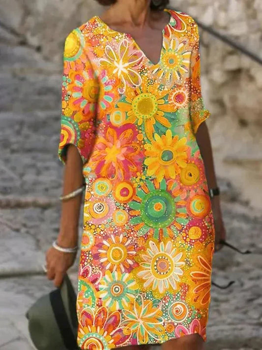 Vestido recto con estampado de girasoles vibrantes