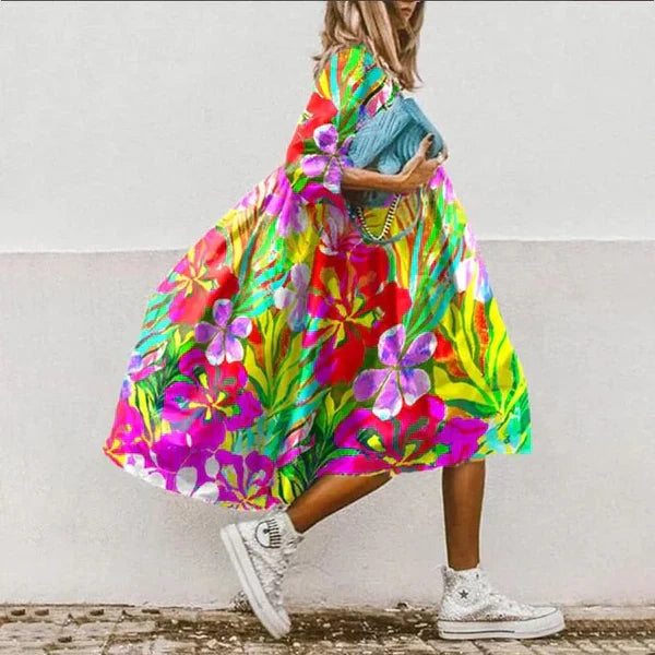 Midikleid mit tropischem Mehrfarbendruck