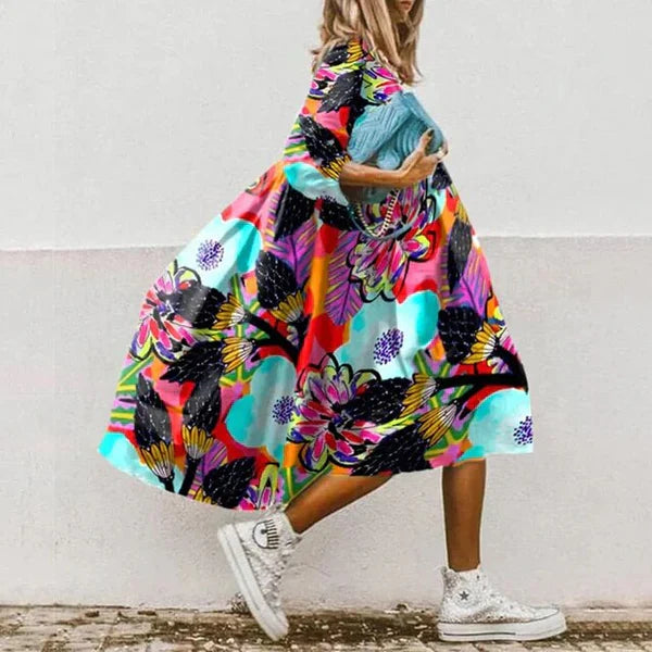 Midikleid mit tropischem Mehrfarbendruck