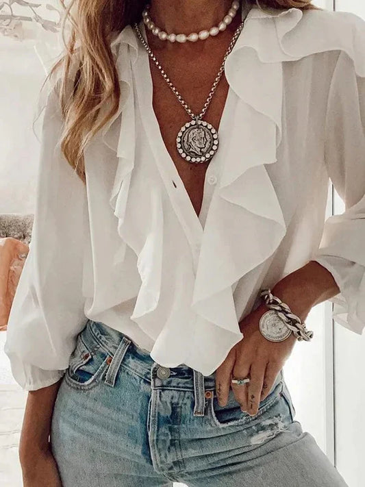 Blusa de manga larga con volantes en la parte delantera de gasa