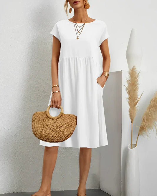 Vestido de algodón con bolsillo y cintura fruncida