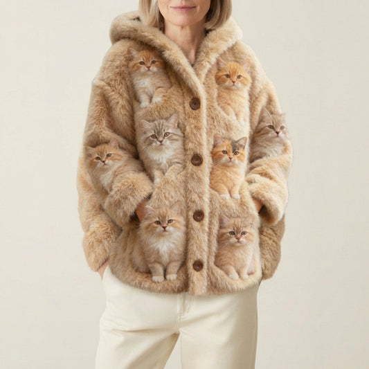 Cárdigan De Lana Beige Con Múltiples Gatos