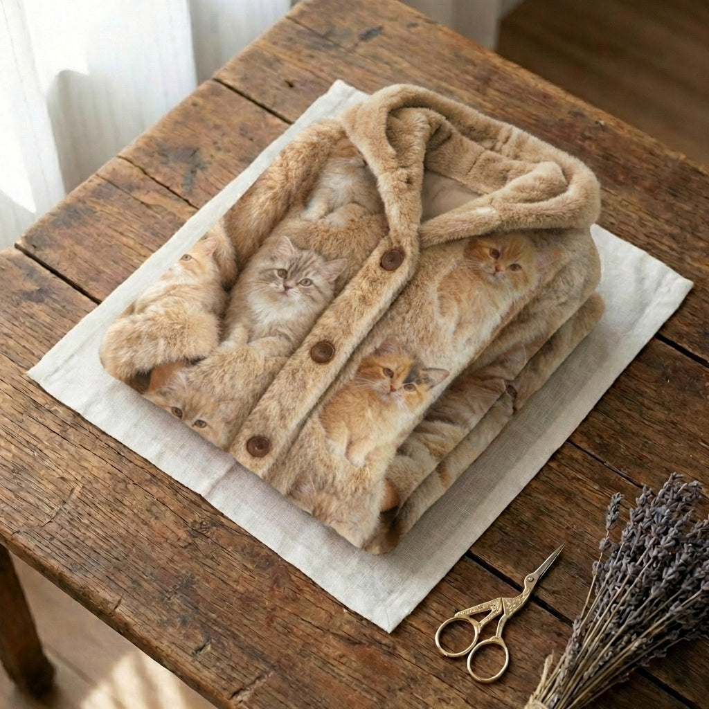 Woll-Cardigan Beige mit mehreren Katzen