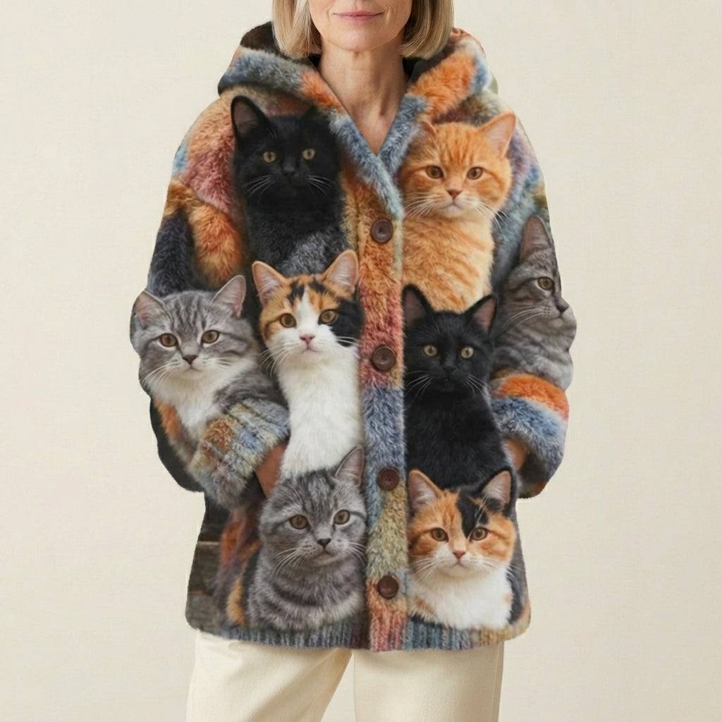 Cardigan en laine à imprimé de plusieurs races de chats