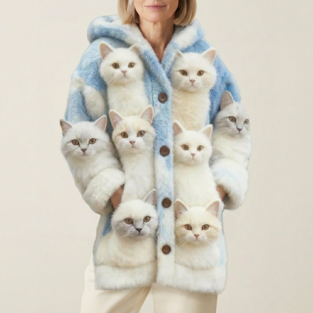 Cardigan in lana con stampa di gatti multipli