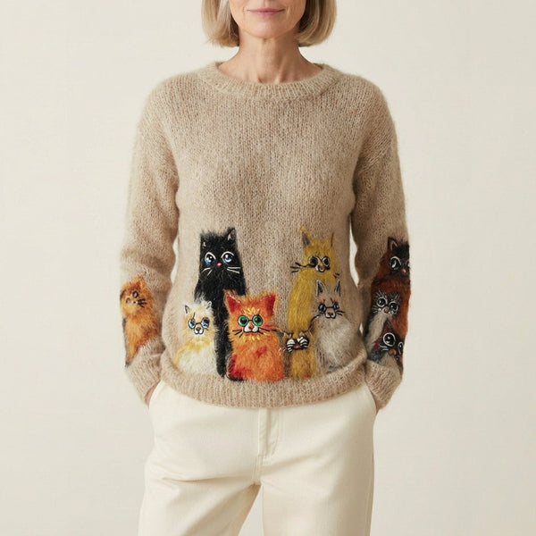 Cardigan en laine avec grille visage de chat arc-en-ciel