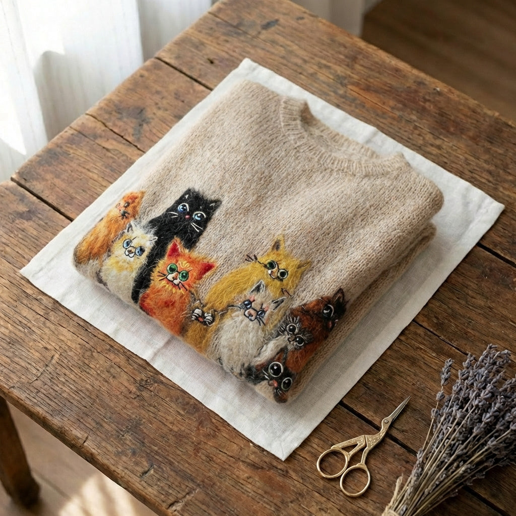 Cardigan en laine avec grille visage de chat arc-en-ciel