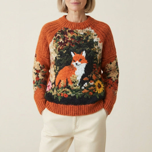 Pullover In Lana Con Design Volpe E Fiori Di Campo