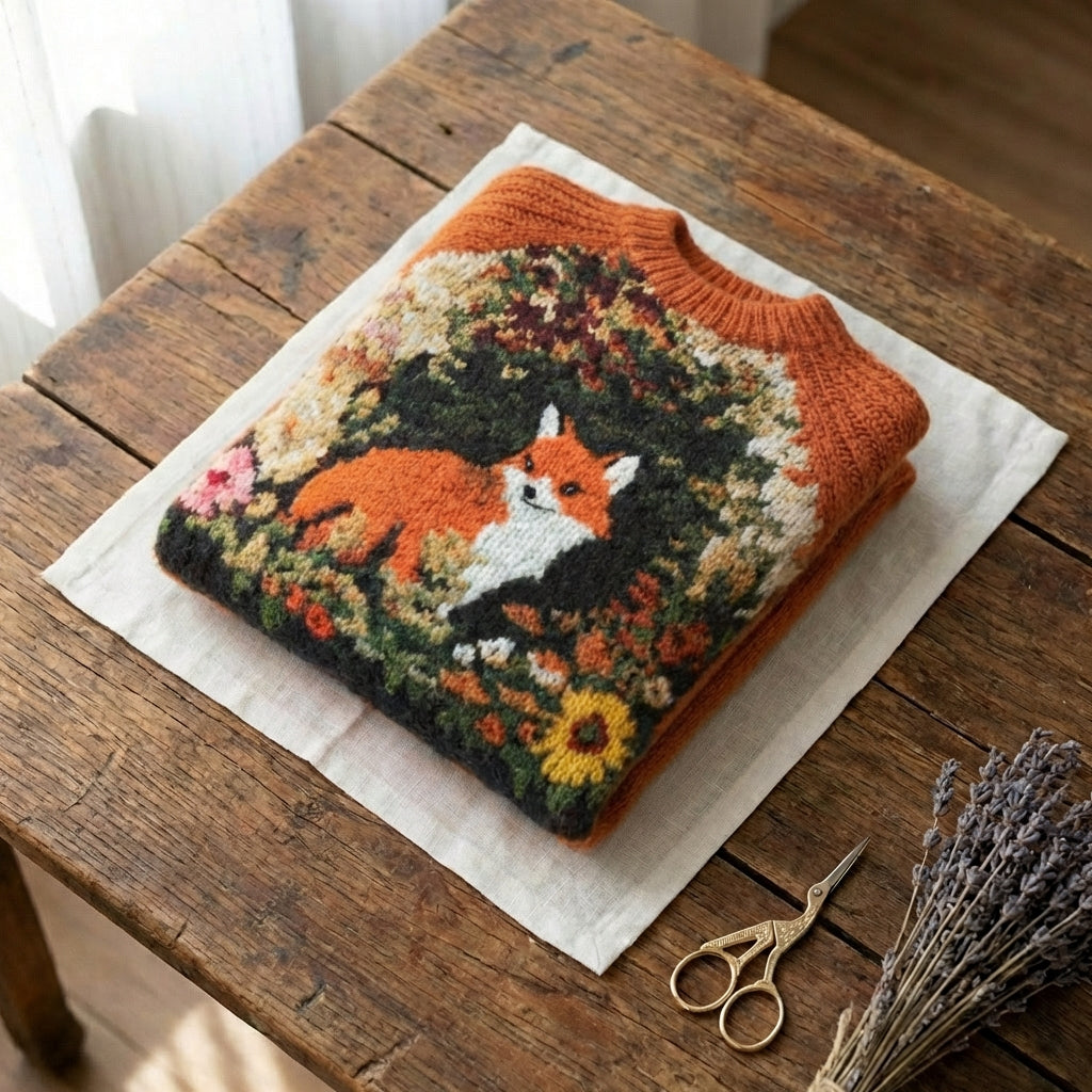 Wollen trui met vos- en wilde bloemenmotief