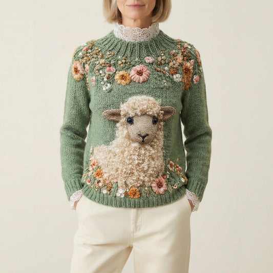 Pullover In Lana Con Agnello E Ghirlanda Floreale