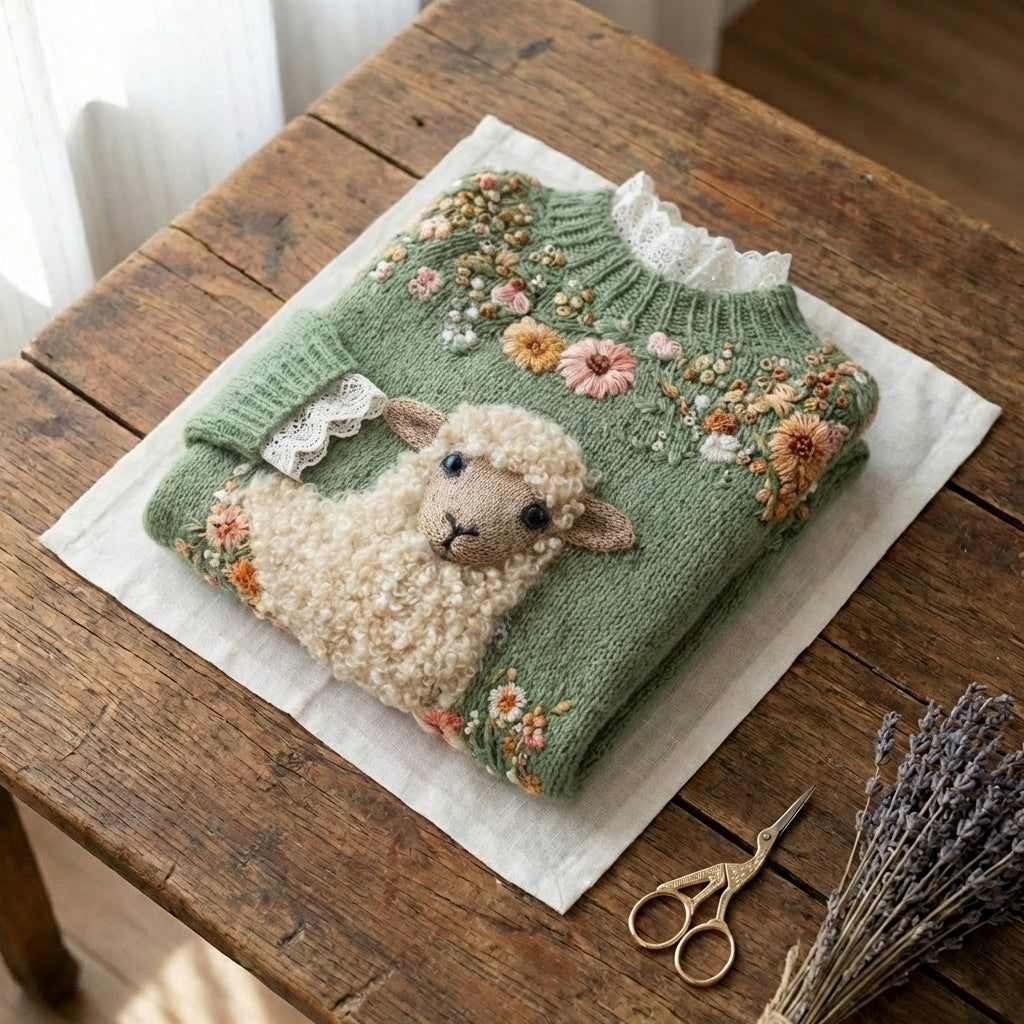Pull en laine avec agneau et couronne florale