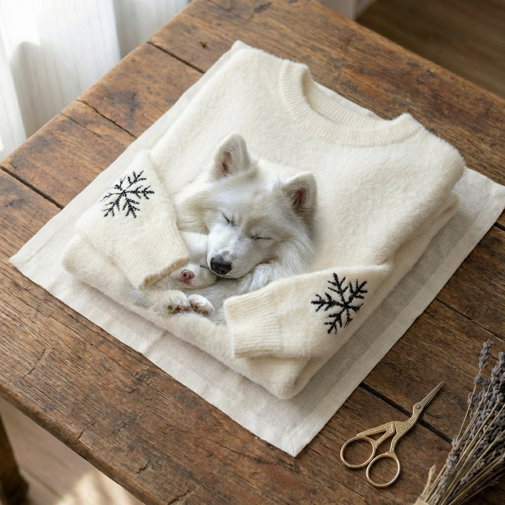 Wollpullover mit Mutter Wolf und Welpe