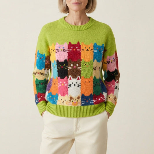 Maglione in lana con motivo a griglia gatto arcobaleno