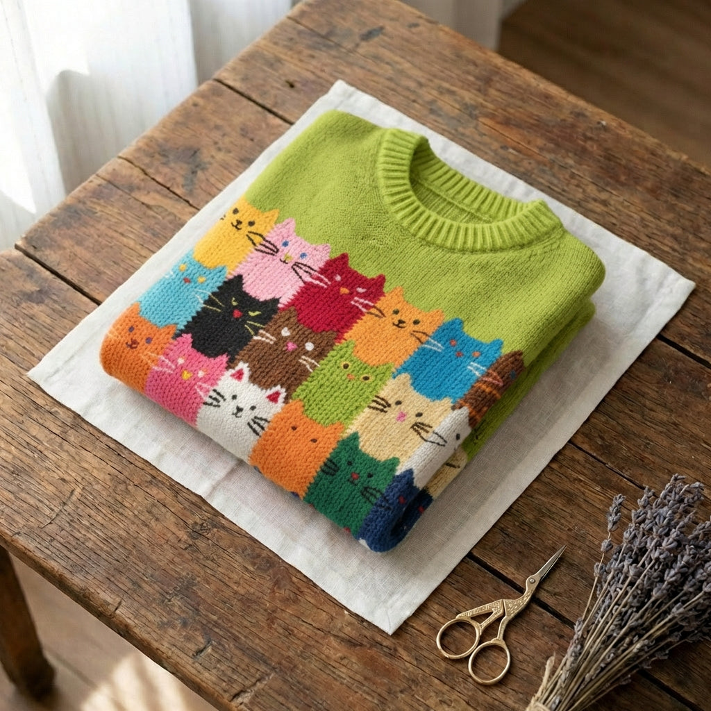 Maglione in lana con motivo a griglia gatto arcobaleno