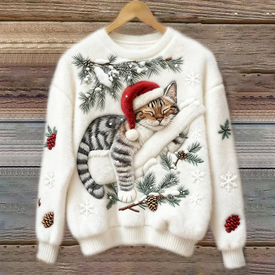 Pull avec Mignon Chat au Bonnet de Père Noël
