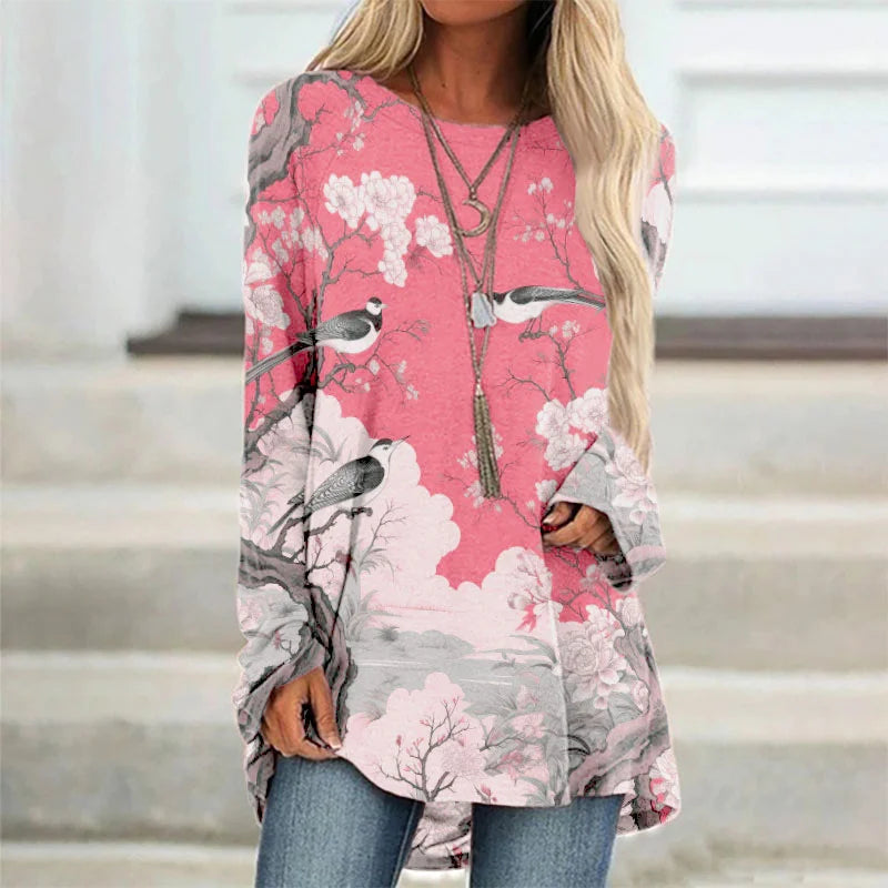 Túnica asiática con estampado de pájaros y flores
