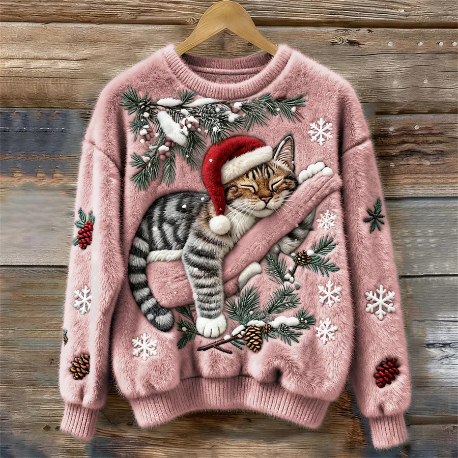 Pull avec Mignon Chat au Bonnet de Père Noël